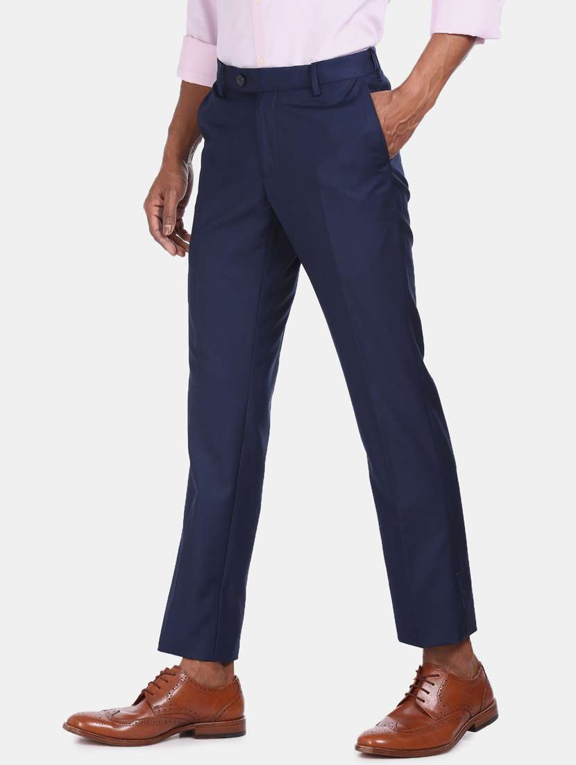 blue solid flat front formal trouser - 17694639 - Standard Image - 2
