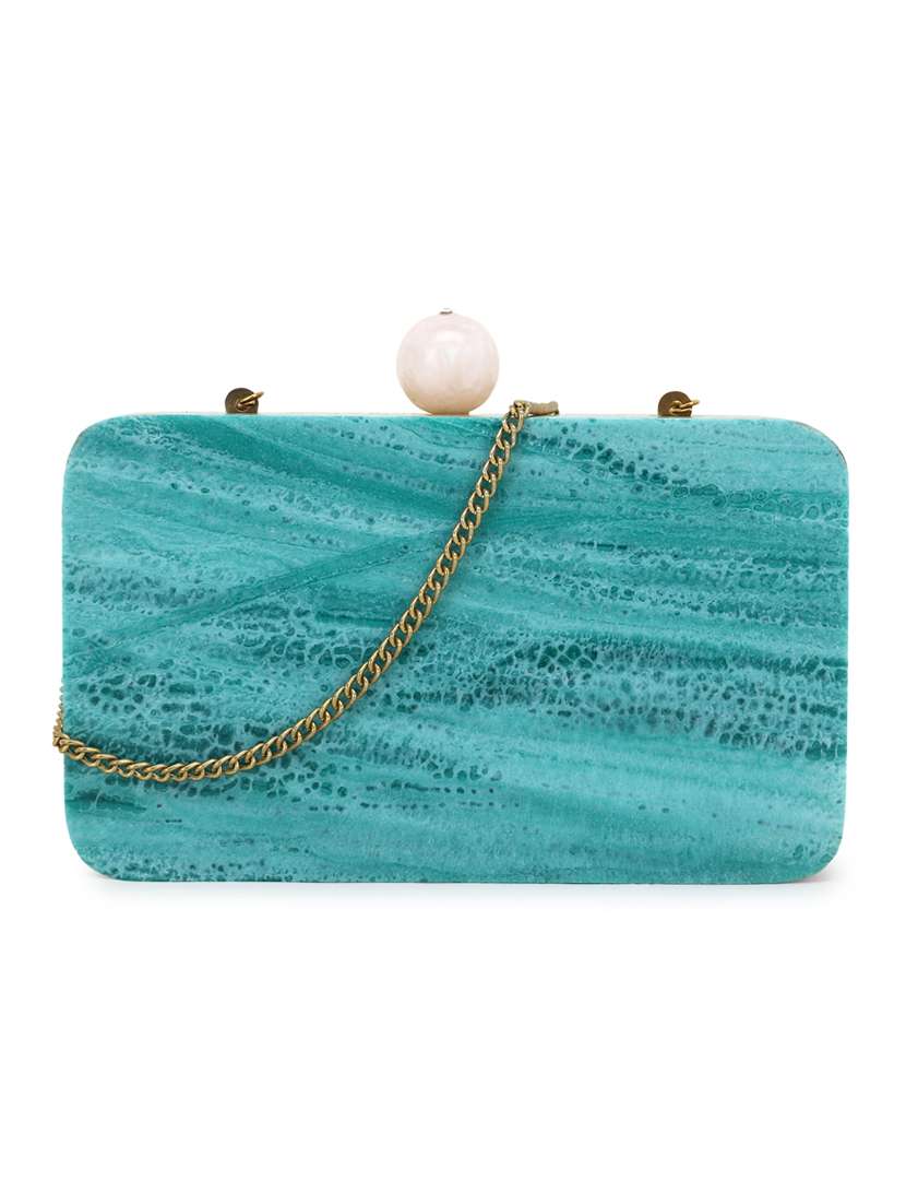 blue wood box clutch