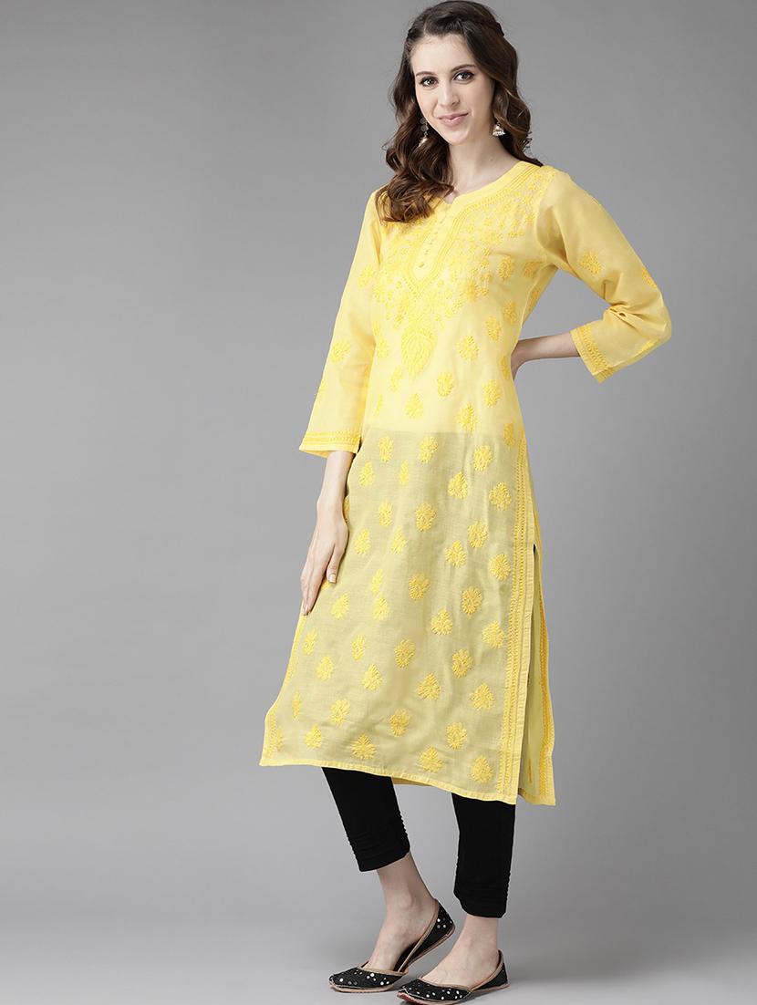 ada hand-embroidered yellow chikankari kurta pant set