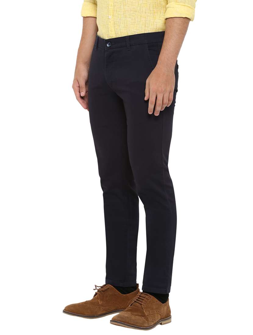 navy blue solid flat front casual trouser - 17697258 - Standard Image - 2