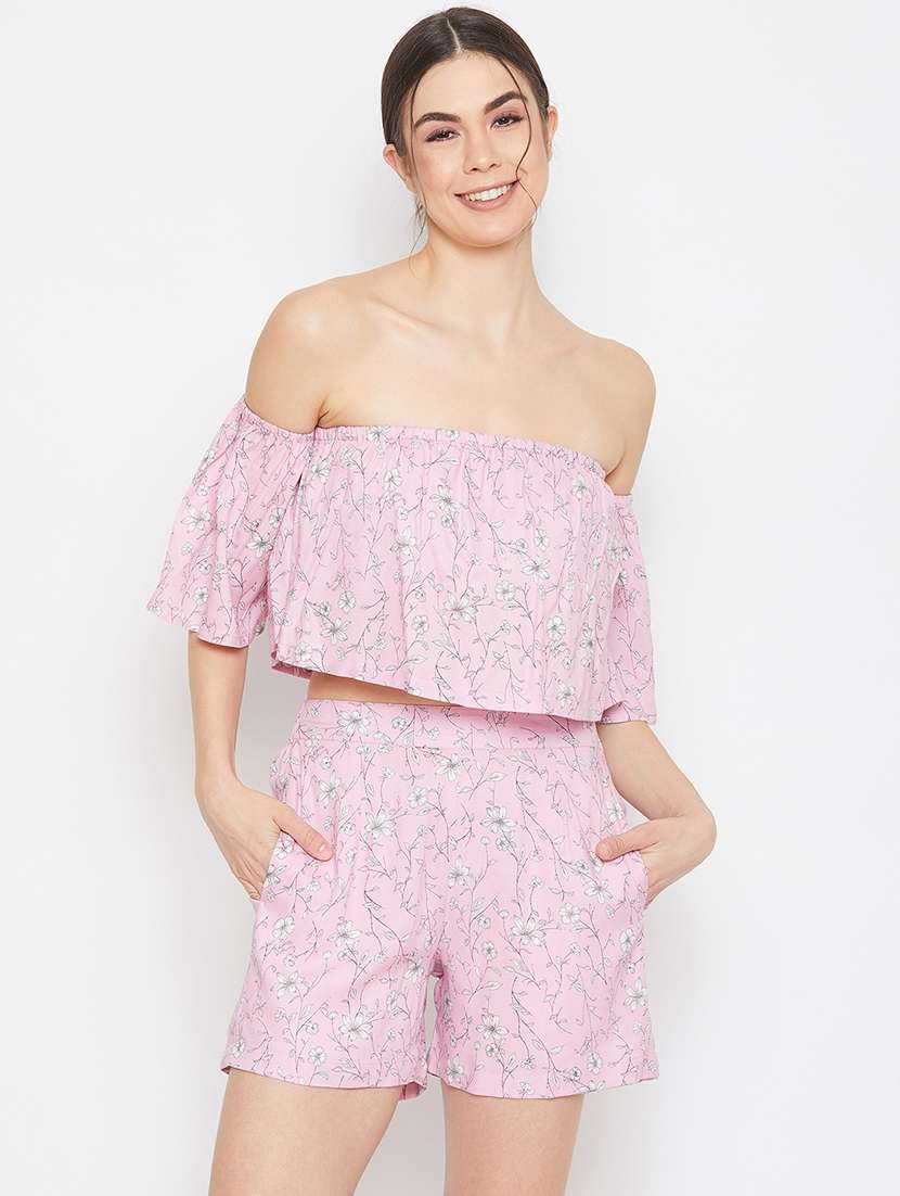 off shoulder floral crop top with shorts set 