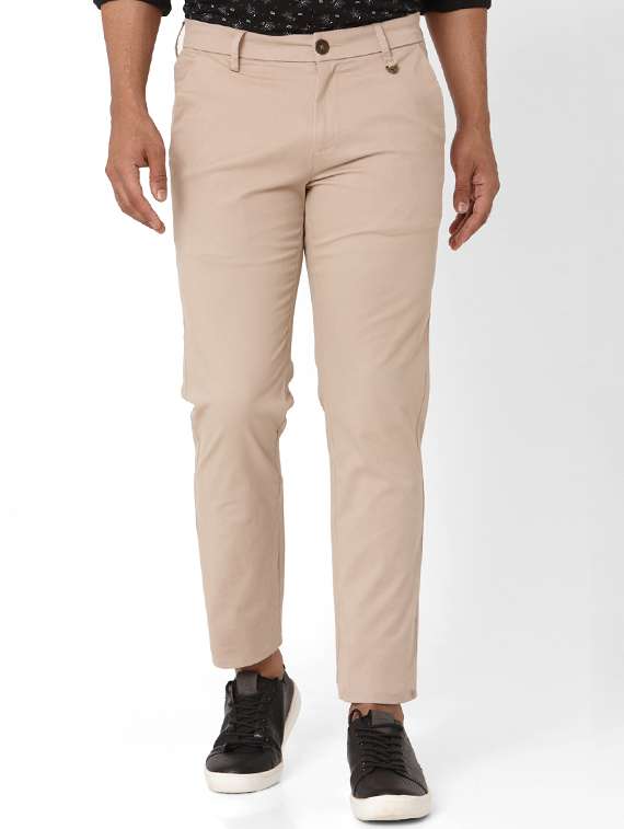beige solid flat front casual trouser