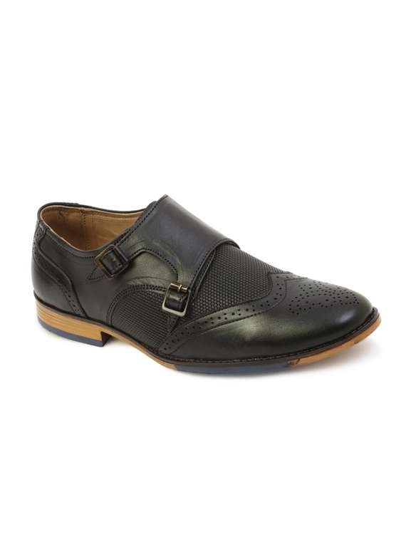 black leather slip on monk straps