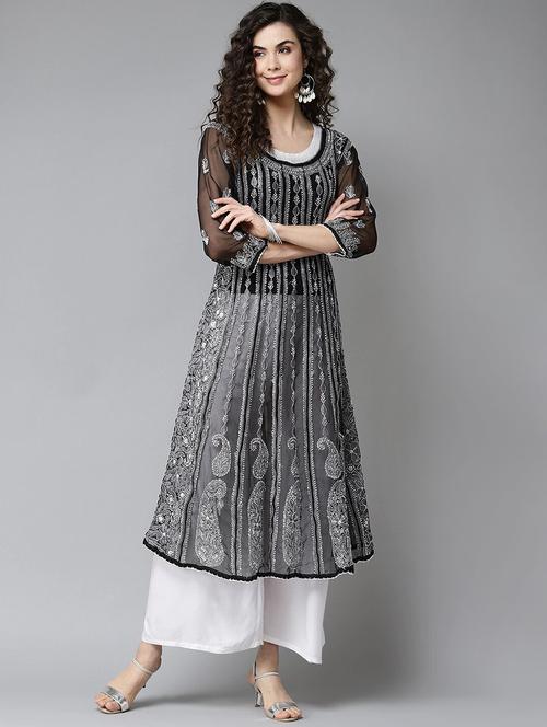 georgette anarkali chikankari hand worked black flair kurta - 17709437 -  Standard Image - 0