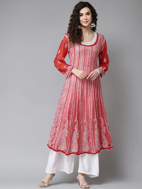 georgette anarkali chikankari hand worked red flair kurta - 17709438 - Standard Image - 0