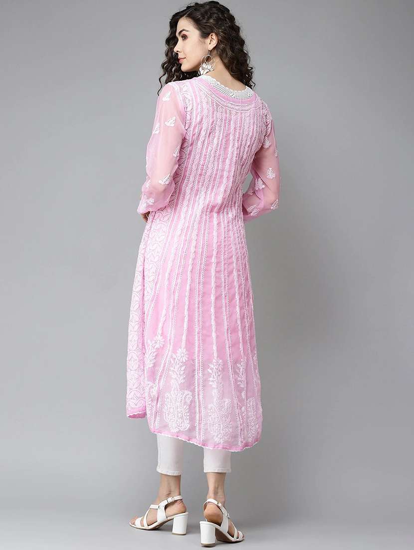 ada hand-embroidered pink chikankari a-line kurta - 17709439 - Standard Image - 2
