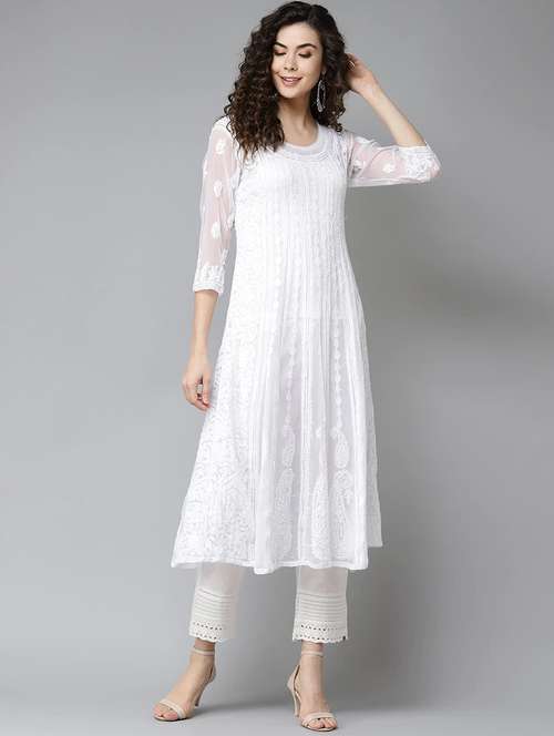ada hand-embroidered white chikankari a-line kurta - 17709549 - Standard Image - 0