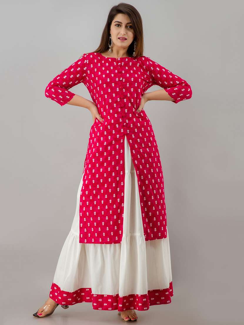 women pink printed round neck kurta skirt set