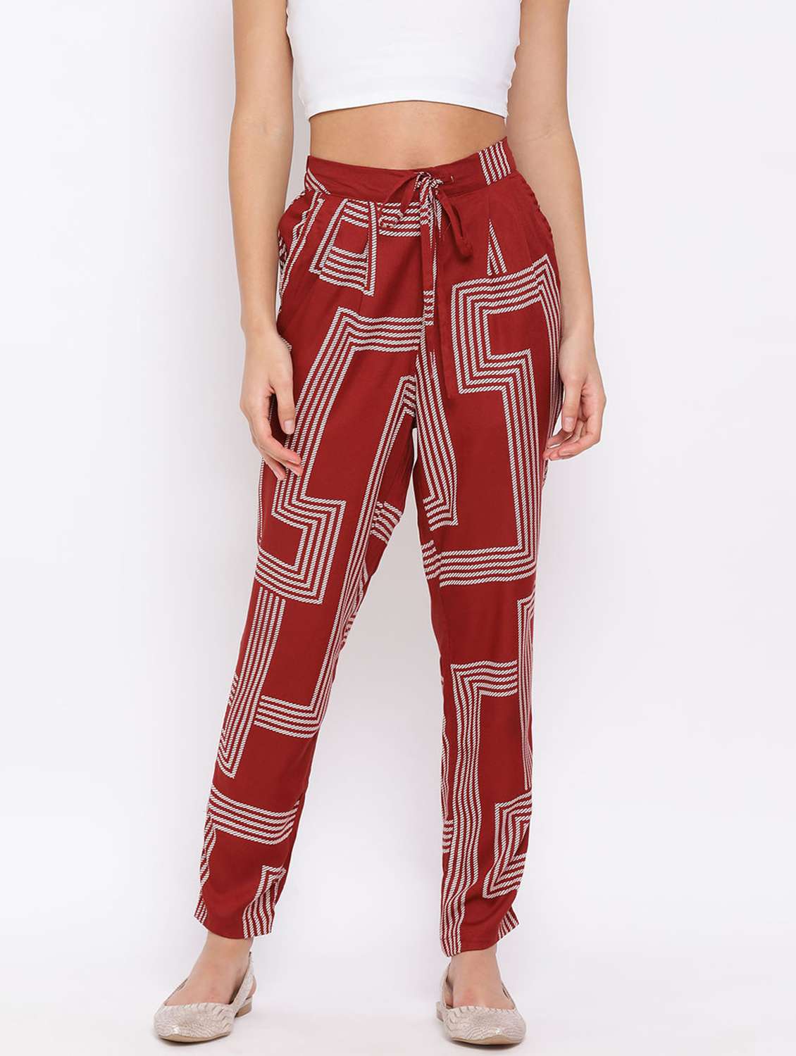 maroon printed pleated trouser
