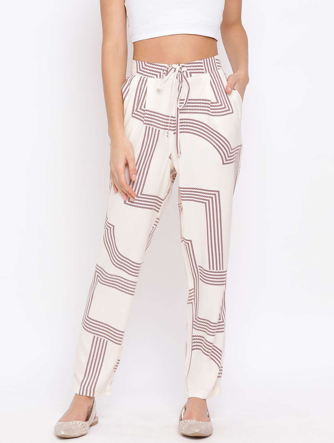 white printed pleated trouser