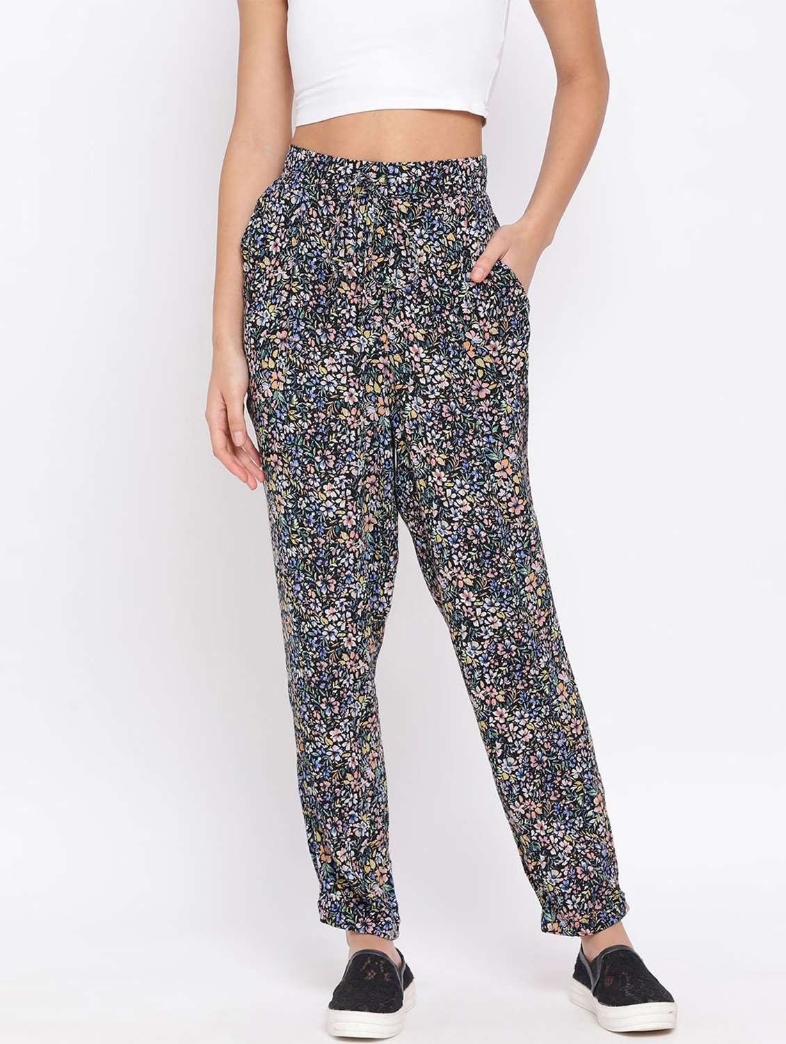 black floral printed flat front trouser