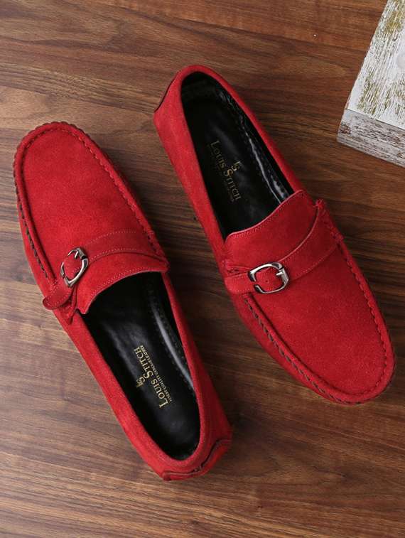red suede slip on loafers