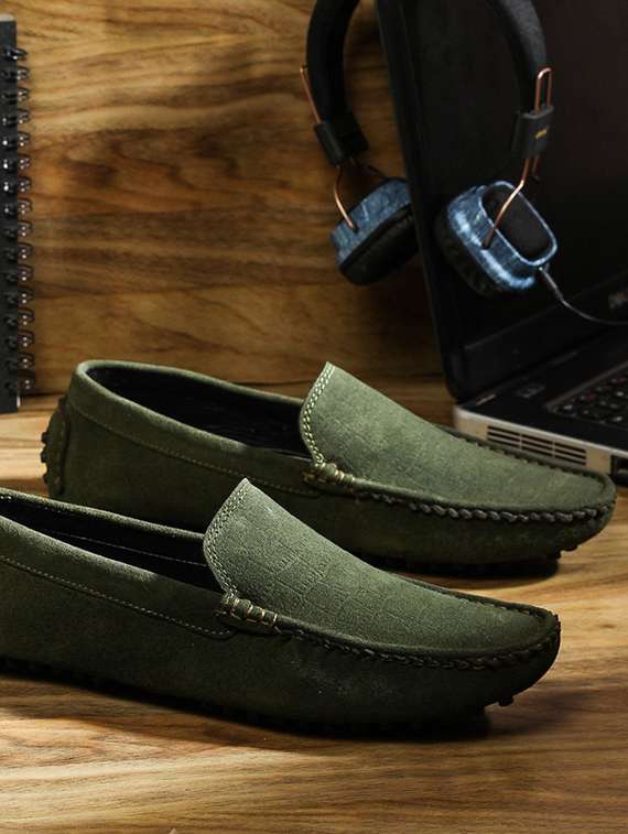 green suede slip on loafers