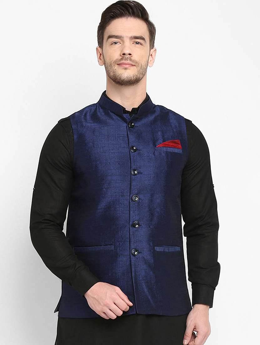navy blue solid nehru jacket