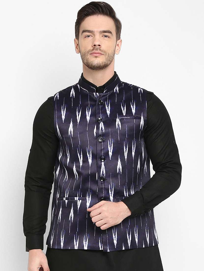 navy blue printed nehru jacket