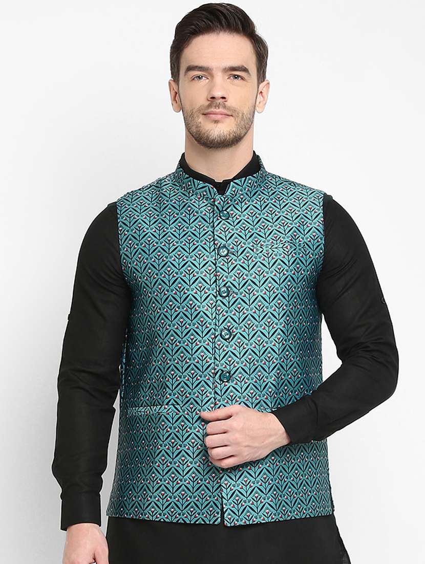 green printed nehru jacket