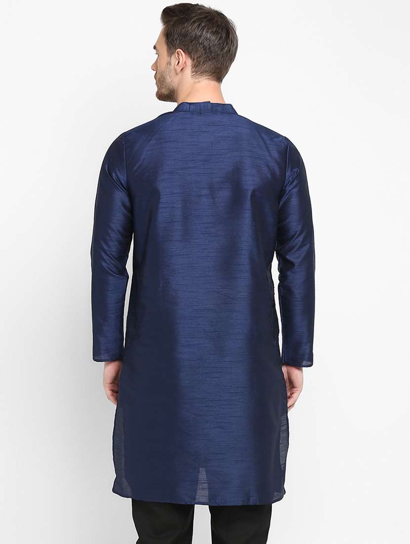 navy blue solid silk blend long kurta - 17718856 -  Standard Image - 2