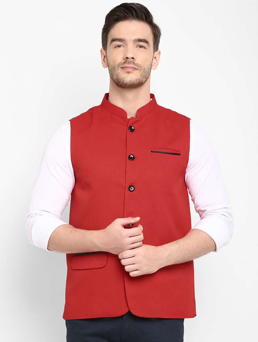 red solid khaadi nehru jacket