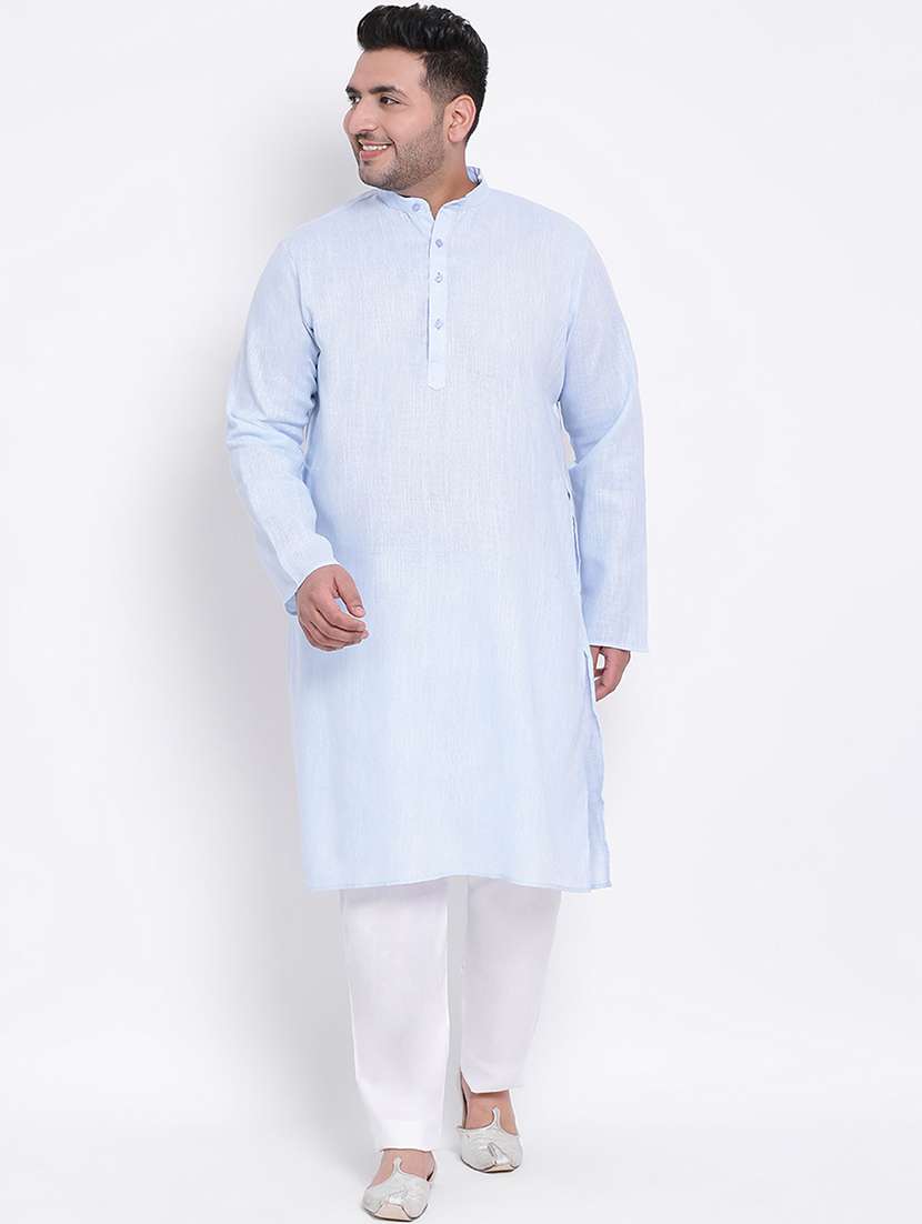 plus size blue solid linen kurta pyjama set