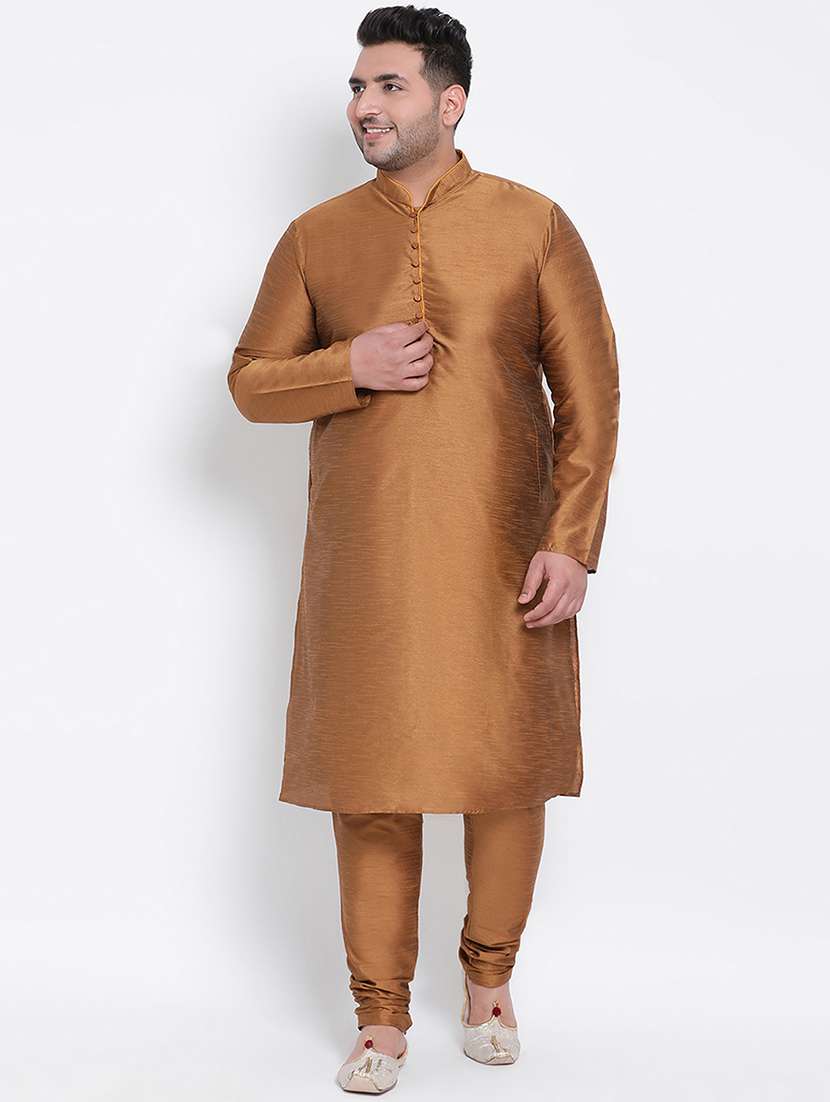 men plus size brown solid kurta churidar set