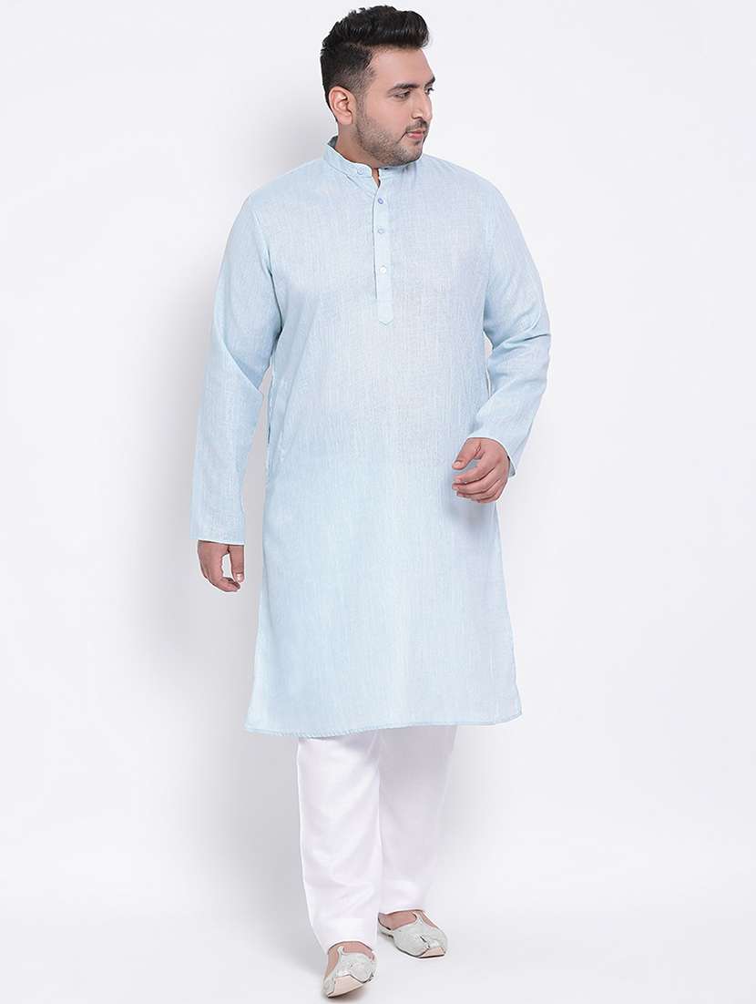 plus size aqua solid linen kurta pyjama set