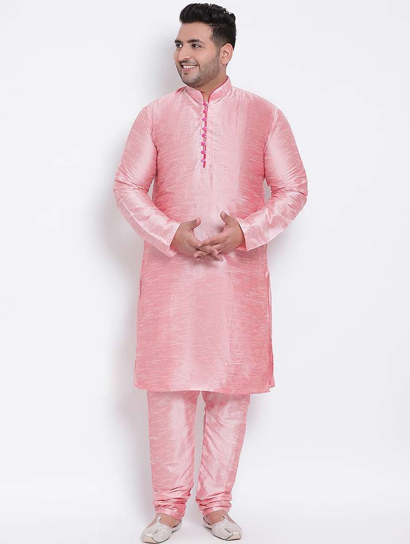 plus size pink solid silk blend kurta pyjama set