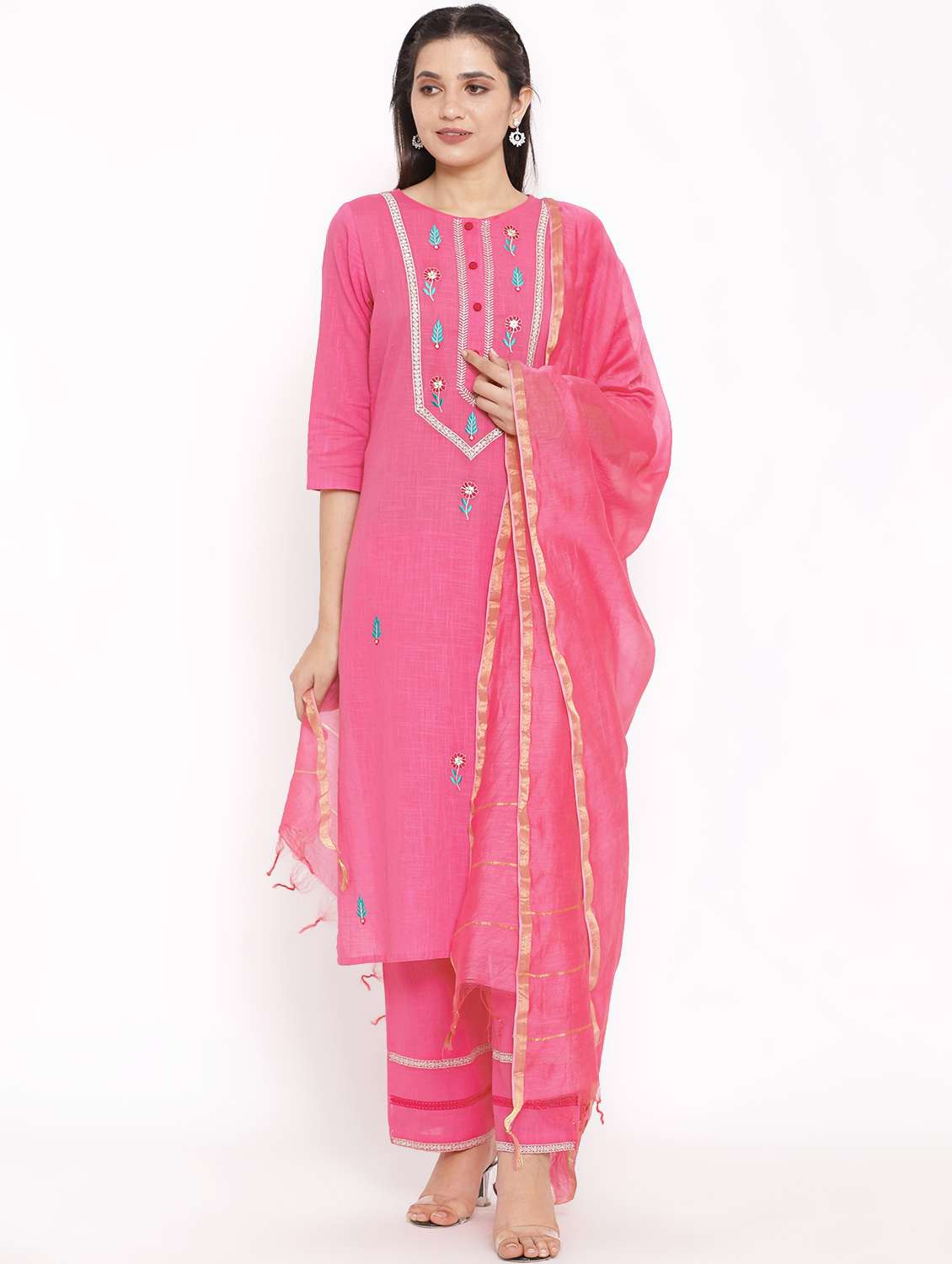 women pink kurta pant set with dupatta
