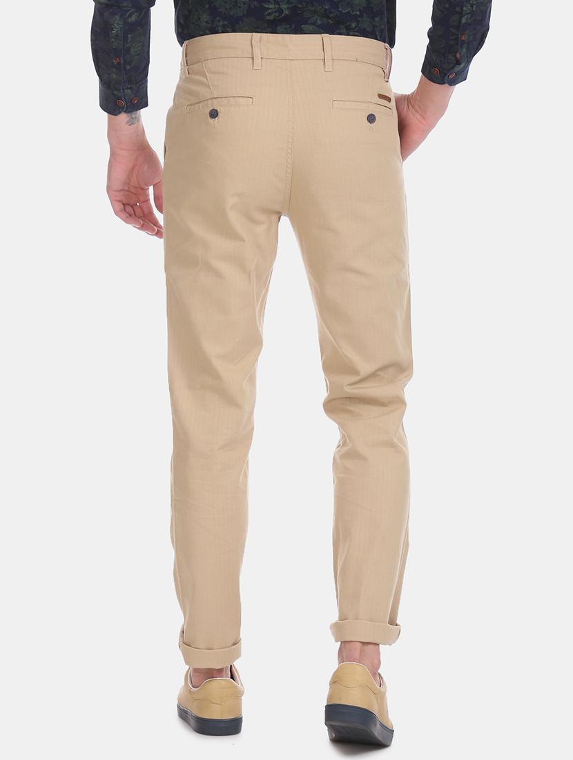 beige solid flat front casual trouser - 17730300 - Standard Image - 2