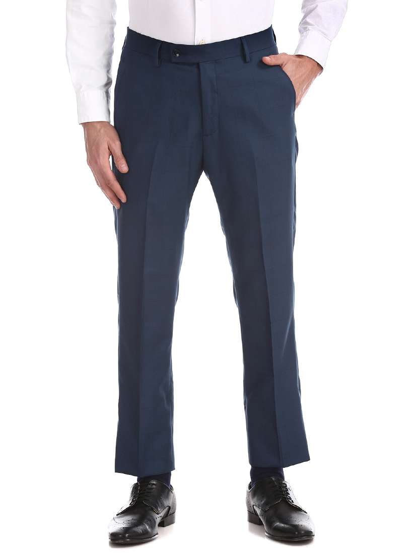 navy blue checkered flat front formal trouser