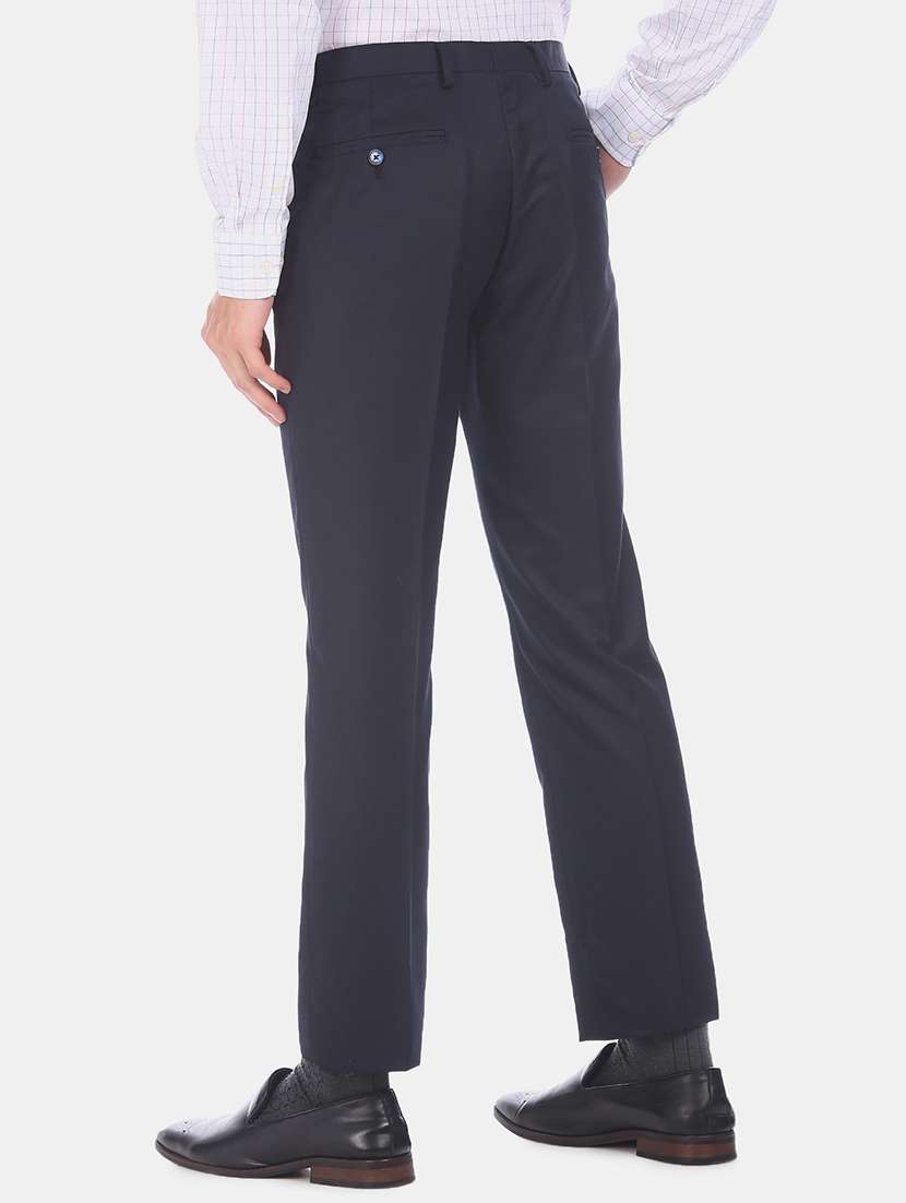 navy blue solid flat front formal trouser - 17731214 - Standard Image - 2