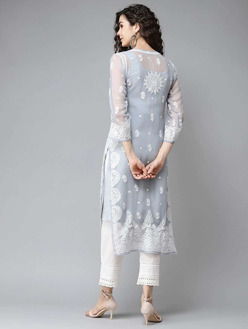 ada hand-embroidered grey chikankari straight kurta - 17732555 -  Standard Image - 2