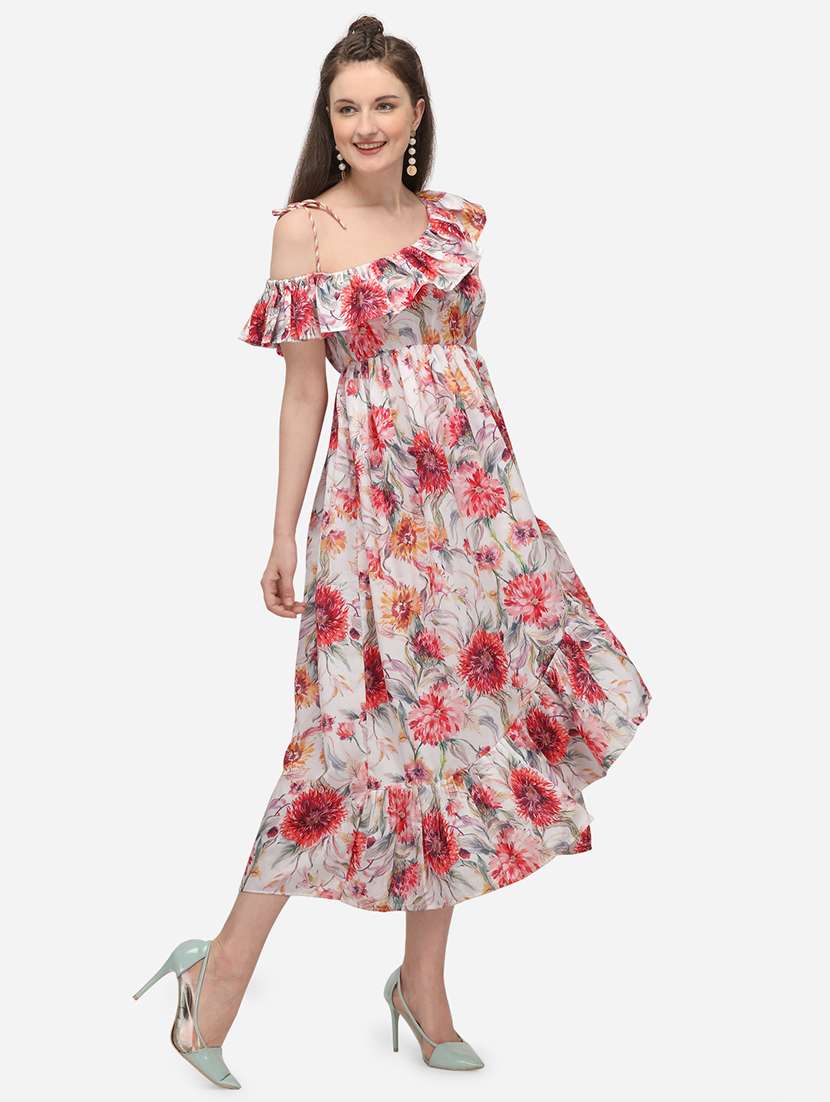 single shoulder floral flared dress