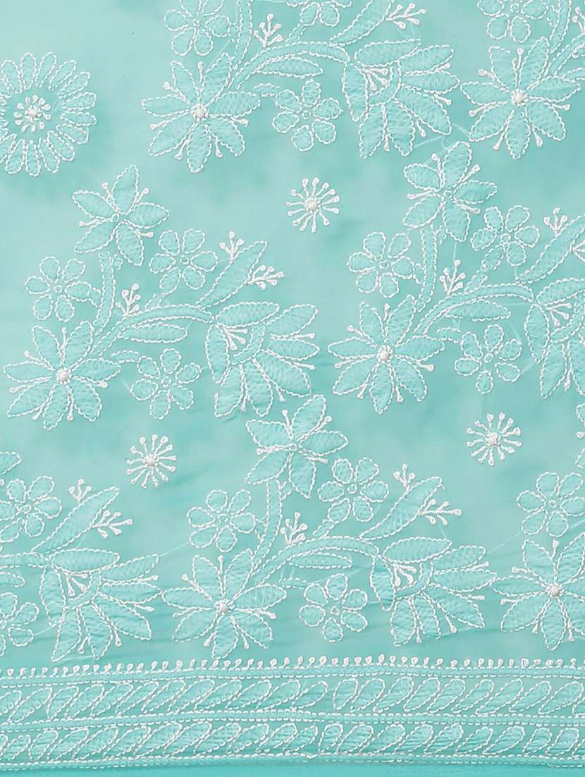 ada hand-embroidered turquoise chikankari saree with blouse - 17733148 - Standard Image - 2