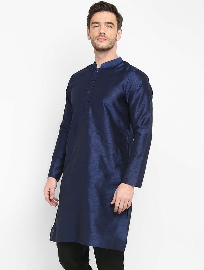navy blue solid dupion long kurta - 17733691 -  Standard Image - 2