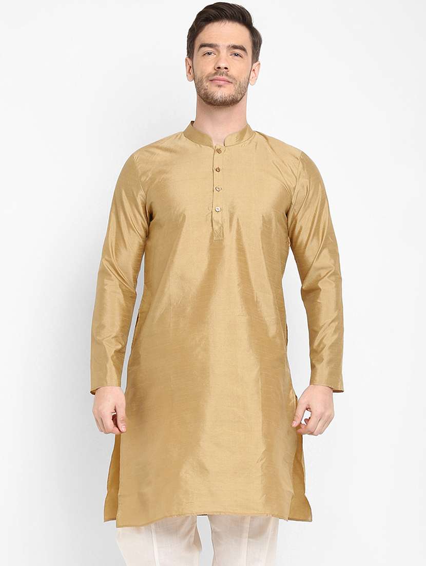 beige solid dupion long kurta