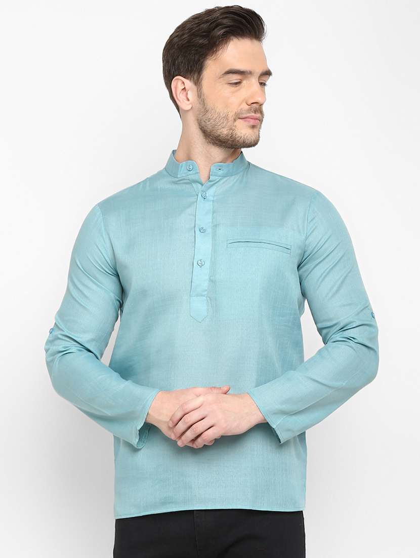 blue solid silk blend short kurta - 17733703 - Standard Image - 2