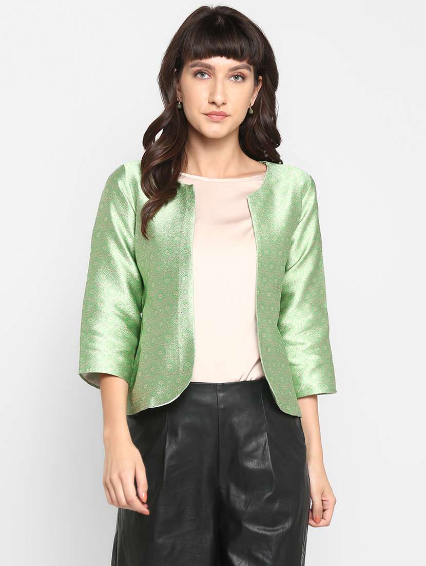 women green self design three quarter sleeve jacket