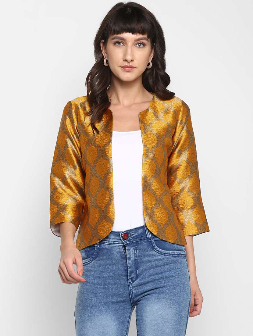 women yellow self design jacket