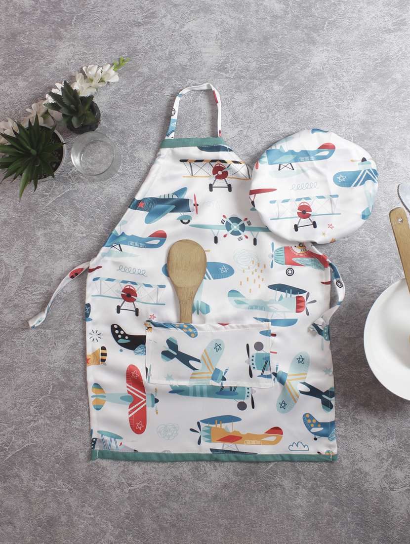 parent/kid apron airplane print set with caps