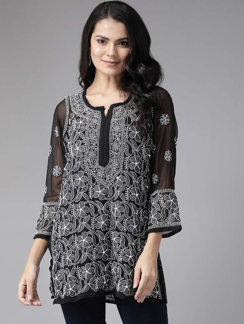 notch neck black chikankari kurti 