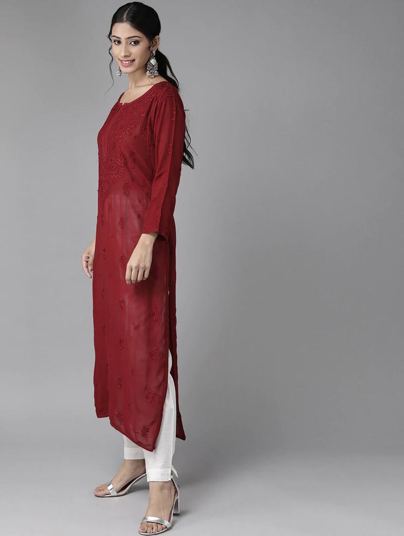 ada hand-embroidered maroon chikankari kurta - 17736451 - Standard Image - 2
