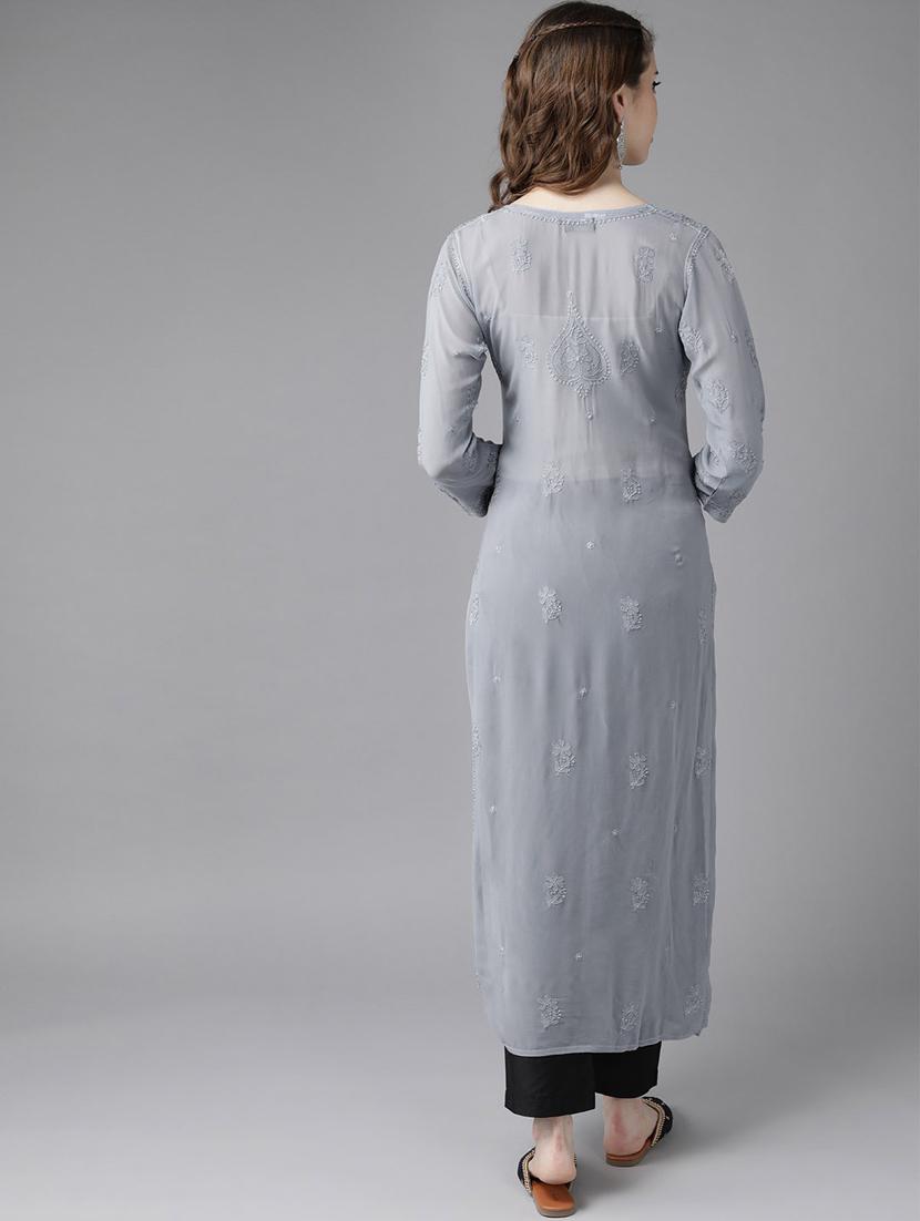 grey viscose straight long chikankari women kurta - 17736452 - Standard Image - 2