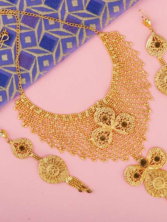 gold pleated brass choker necklaces with earring
