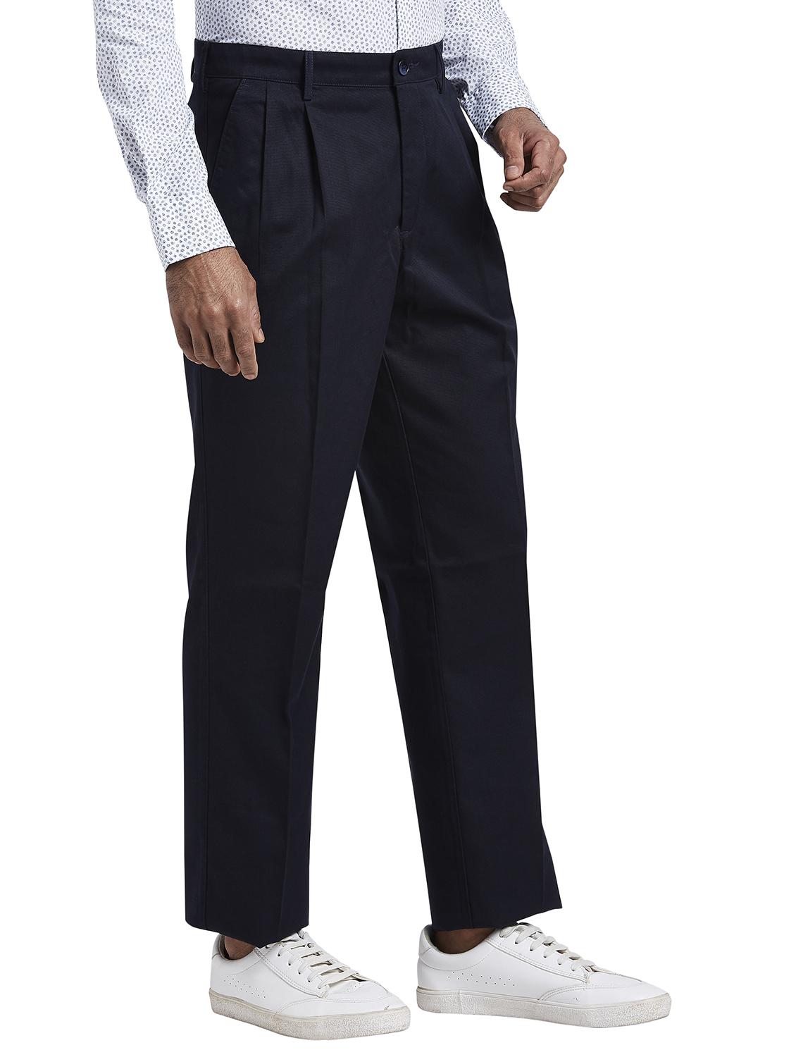 navy blue solid pleated casual trouser - 17737921 - Standard Image - 2