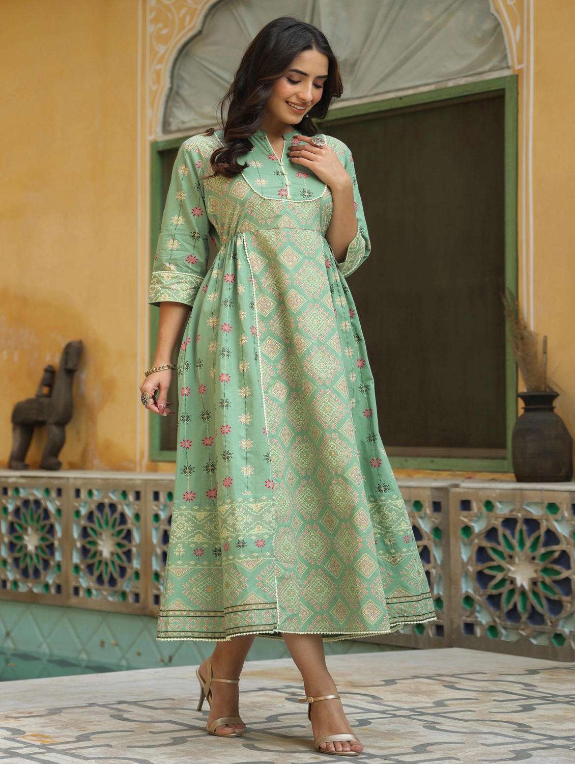 olive flared ethnic dress with mask - 17739079 -  Standard Image - 2