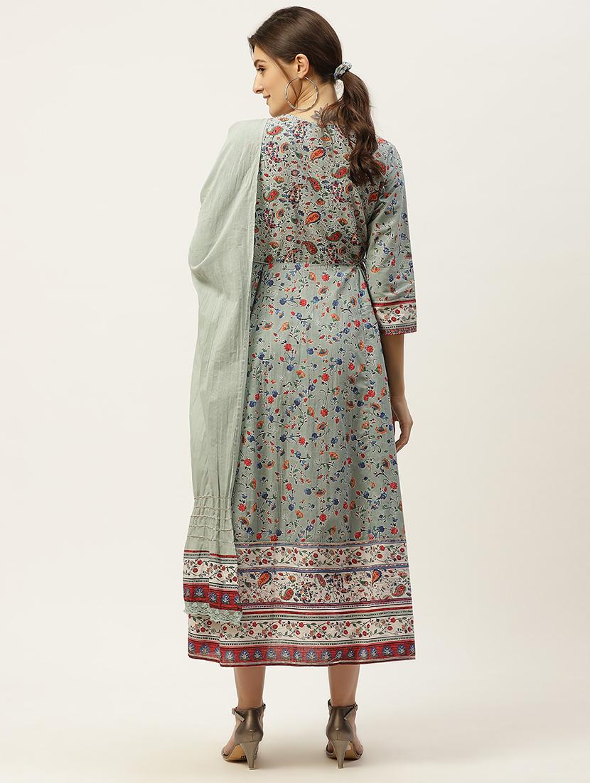floral flared kurta dupatta set with scrunchie - 17739080 - Standard Image - 2