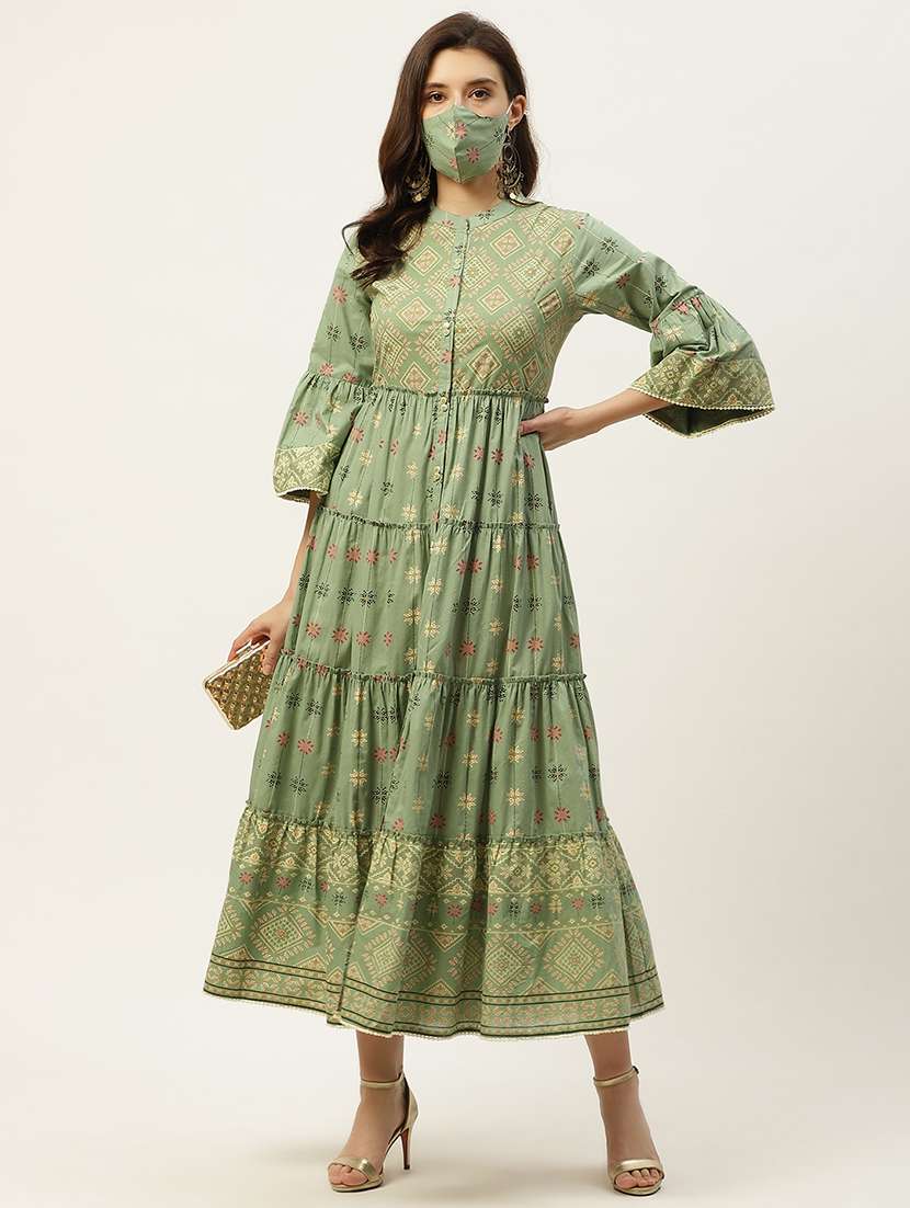 printed tiered ethnic dress with mask