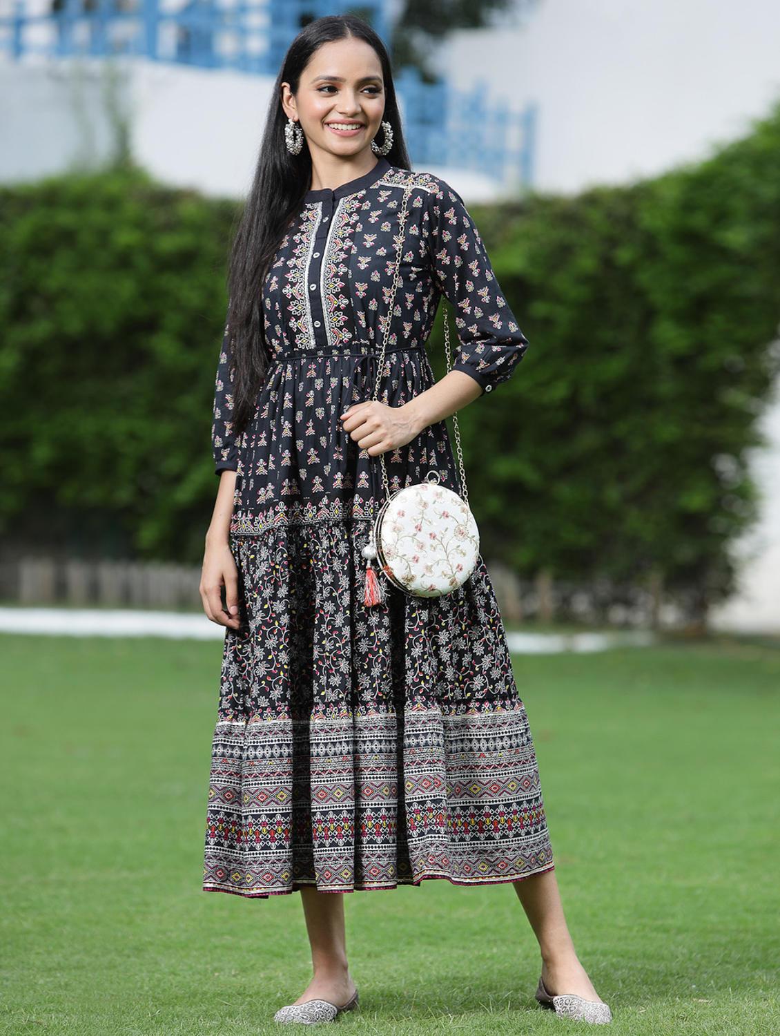 printed tiered ethnic dress with mask