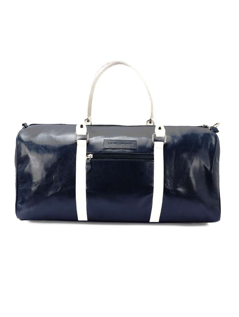 blue leather dufflebag