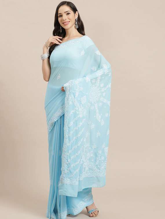 blue georgette hand embroidered chikankari saree with blouse